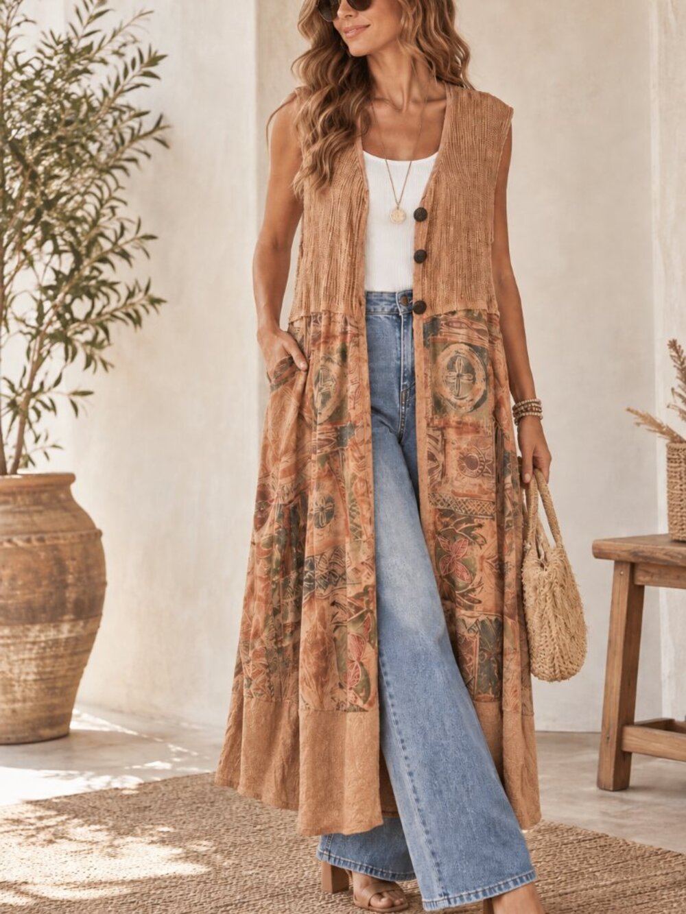 Hand Dyed Boho Sleeveless Cardigan Longline Cover Up Duster one size